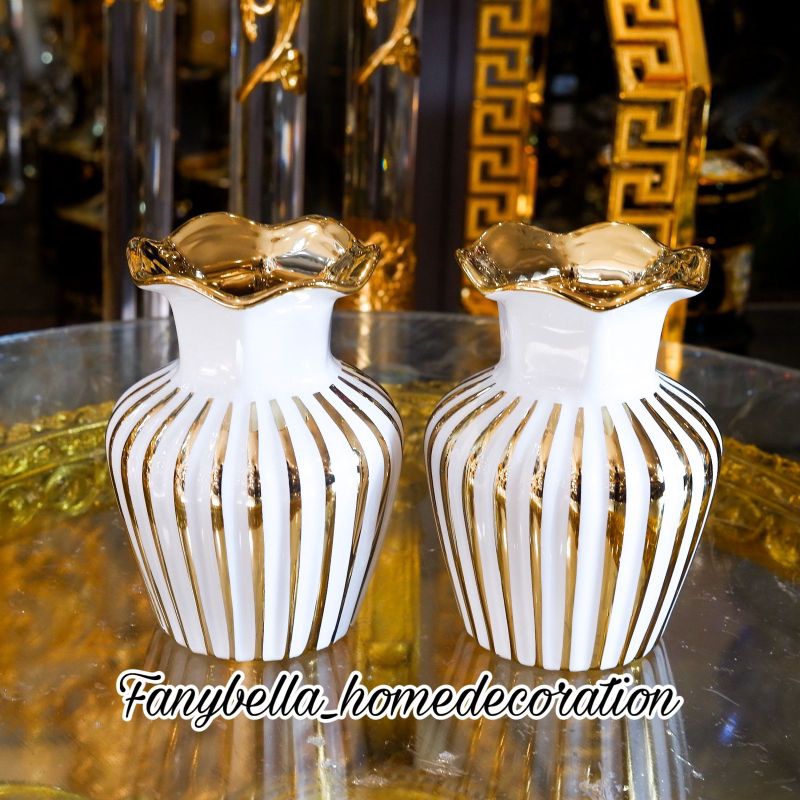 VAS BUNGA KERAMIK UNIK PUTIH GOLD IMPORT