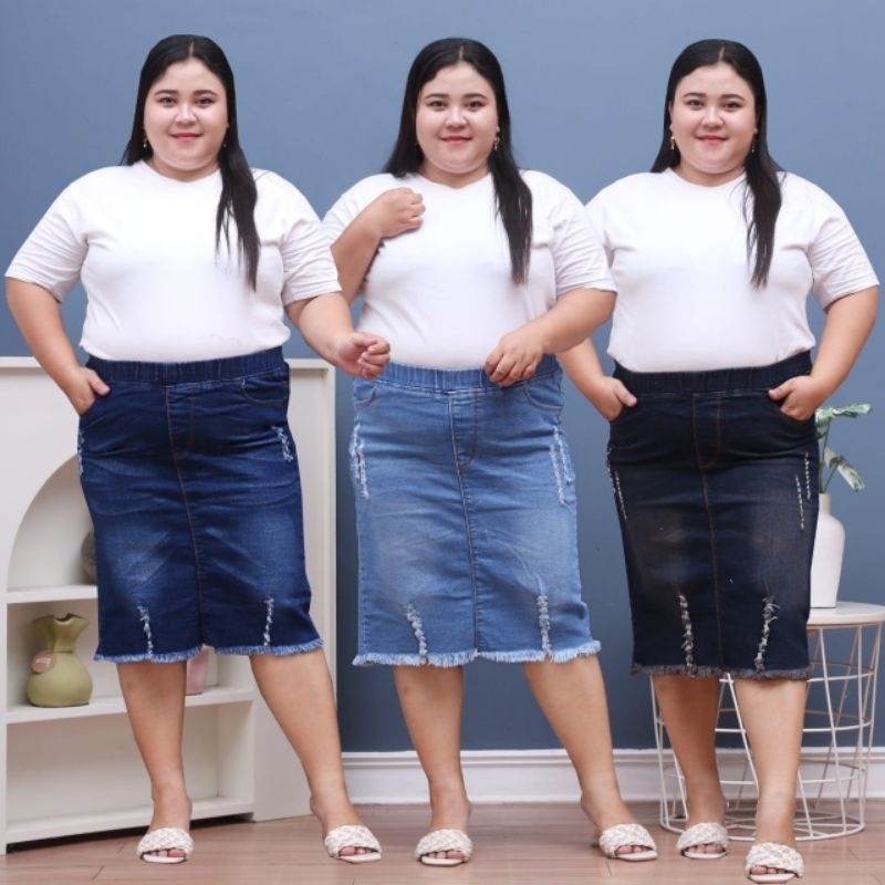 Rok Jeans Pendek Span Wanita 7/8 / Rok Jeans Wanita Pinggang Karet / Rok Jeans Jumbo Wanita / Rok Je