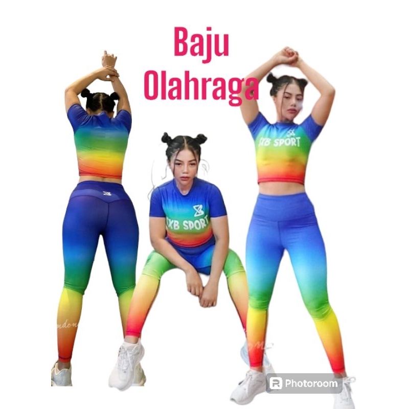 Stelan Baju Olahraga Senam Aerobic Wanita Murah Sxb kekinian Kaos Lengan Pendek-Legging