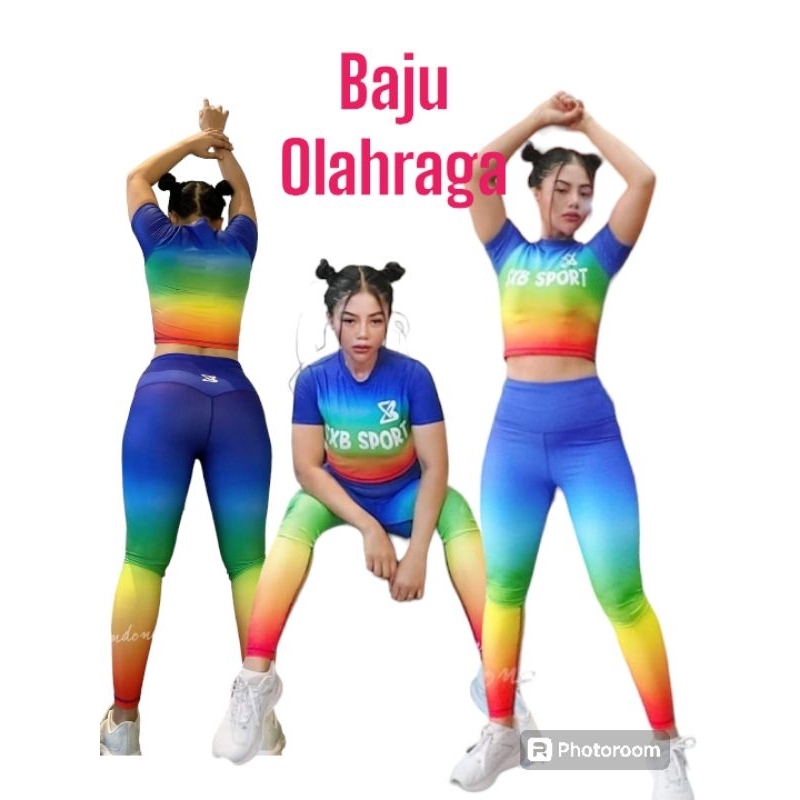 Set-Stelan Baju Olahraga Senam Aerobic Wanita Murah Sxb kekinian Short Sleeve-Legging