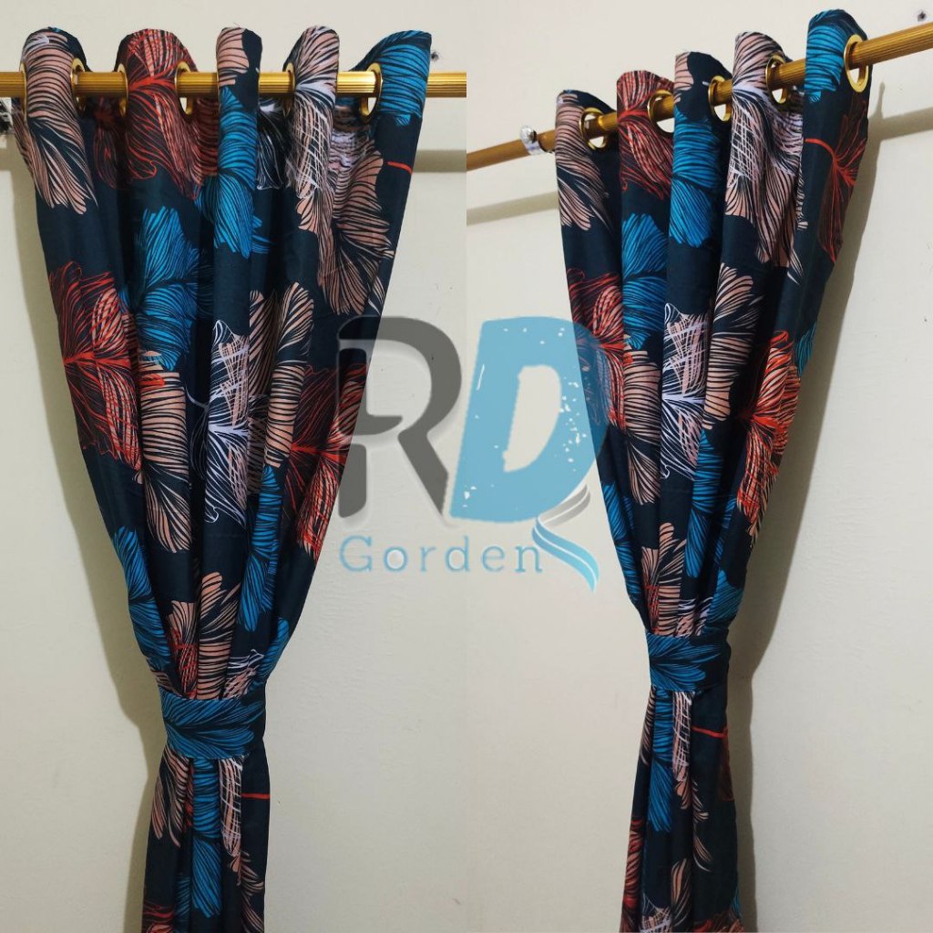 Gorden Jendela Elegan Motif Daun Hijau Gelap