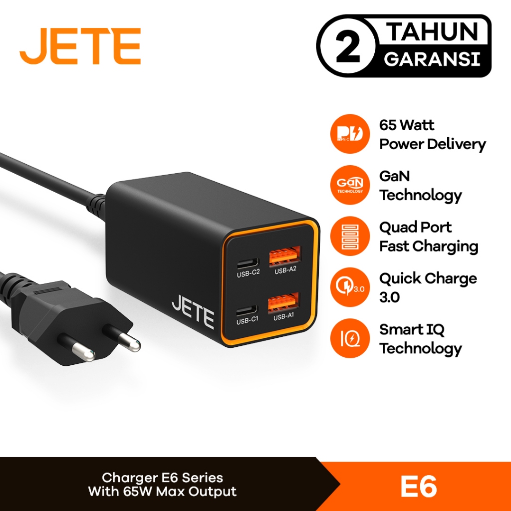 JETE E6 Charger Hp GaN Fast Charger 65 Watt 4 Port PD 4.0 3.0 Type C JETE E6 - Garansi 2 Tahun