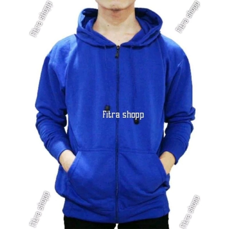 Jaket zipper Hoodie polos pria wanita polos resleting biru elektrik
