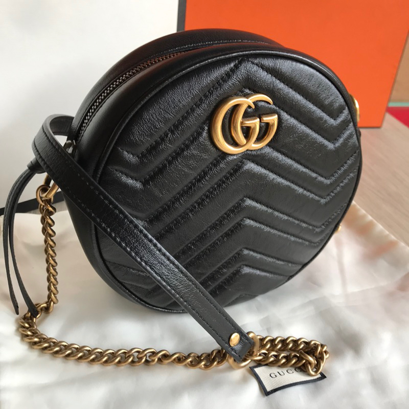 Gucci  Mini GG Marmont Round Shoulder Bag in Black GHW 2021