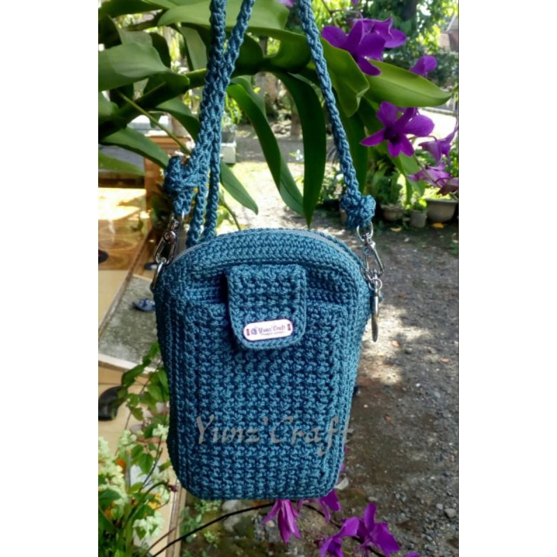 tas hp rajut, tas hp 2 ruang, sling bag rajut, tas wanita, tas