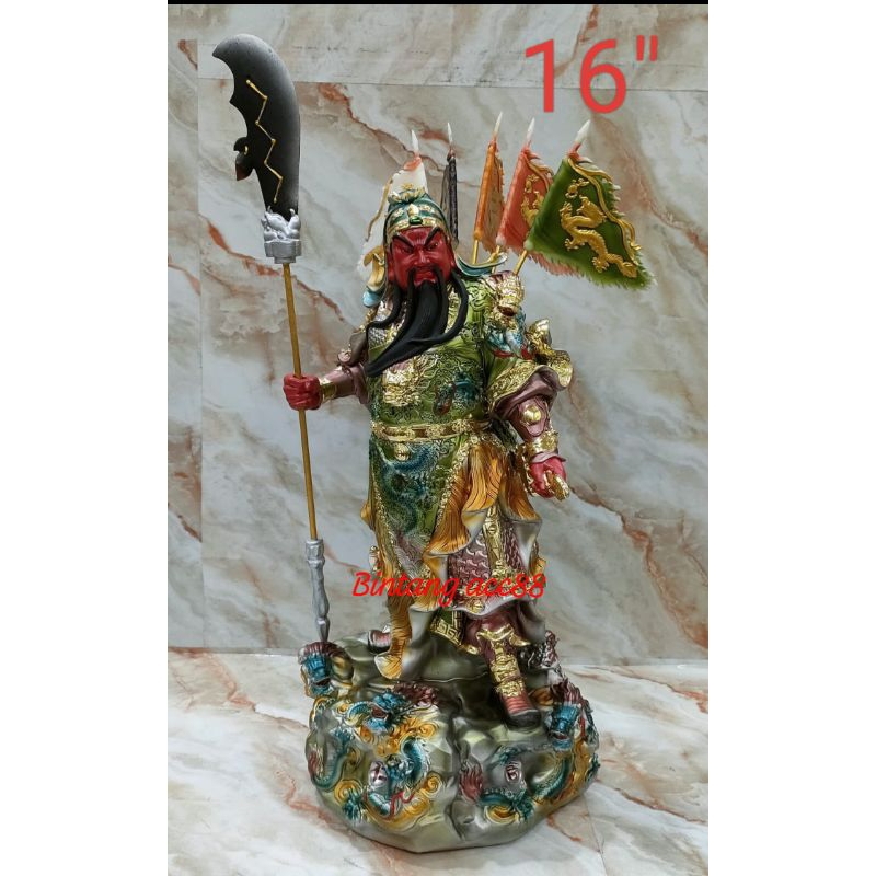 patung dewa kwan kung/kwan kong - 16inch - fiber - 5 bendera -l2