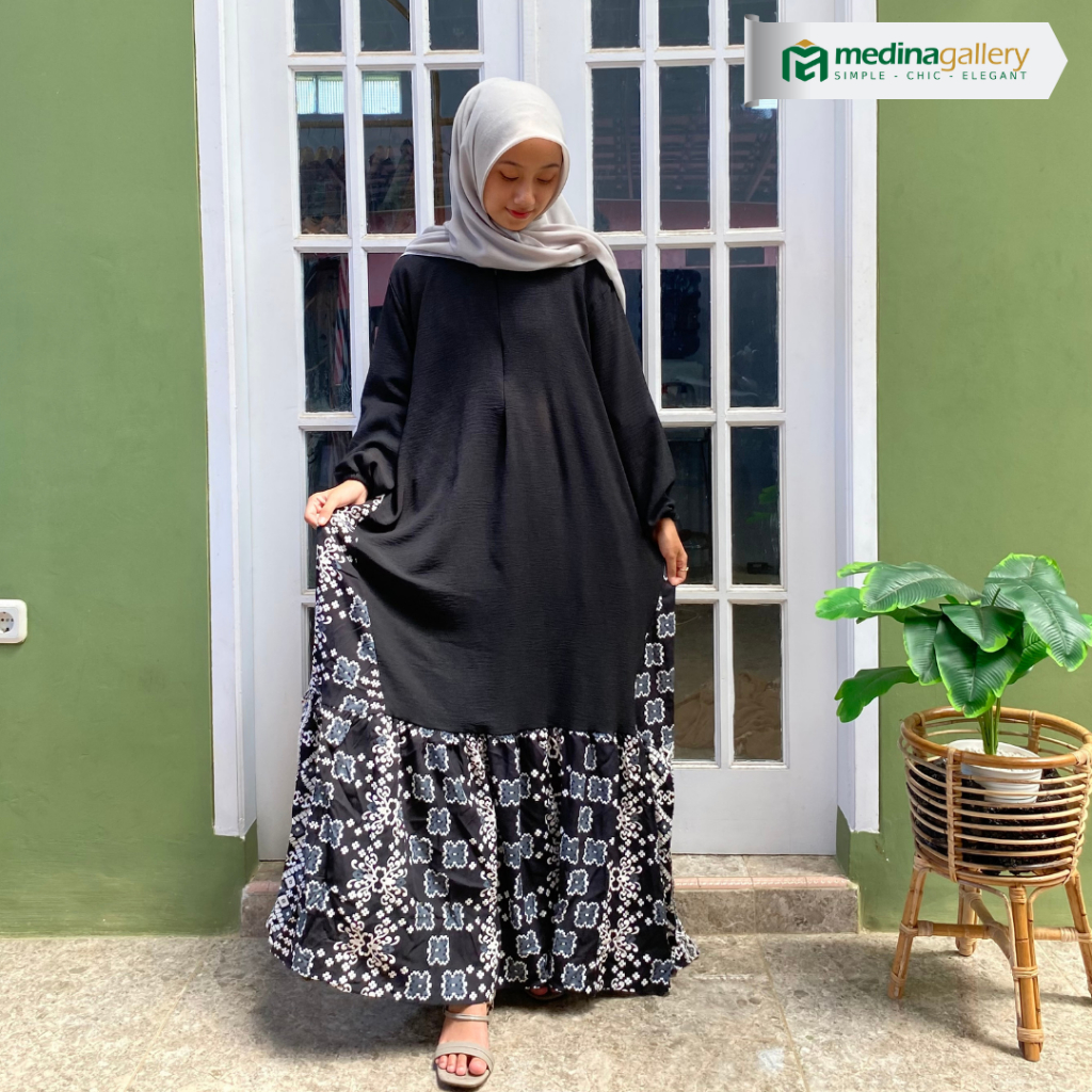 Maira Dress Crinkle / Gamis Kombinasi Polos Mix Motif Kombinasi Crinkle Rayon