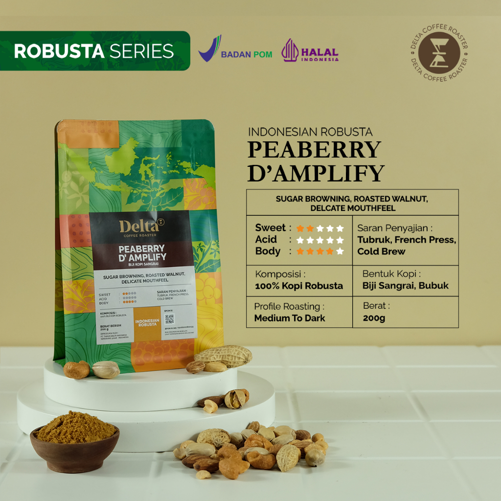 

ASLII Kopi Robusta Peaberry D'Amplify Kadar Kafein 2.3% (Tinggi) 200 Gram