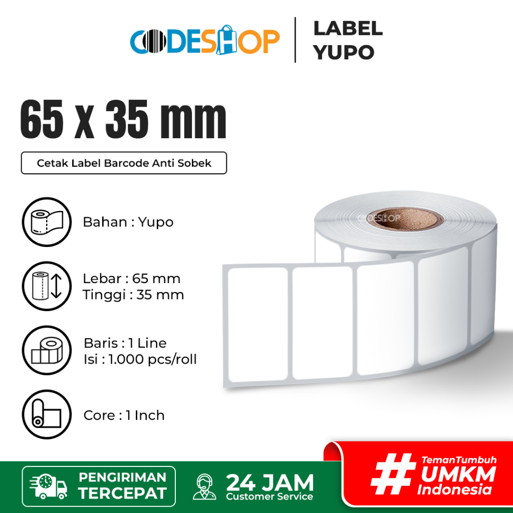 

Codeshop Label Yupo 65x35 mm 1 Line 1" Core isi 1000 Pcs