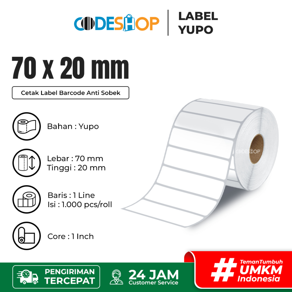 

Label Yupo 70x20 mm Stiker Printer Barcode Postek TSC Zenpert SATO