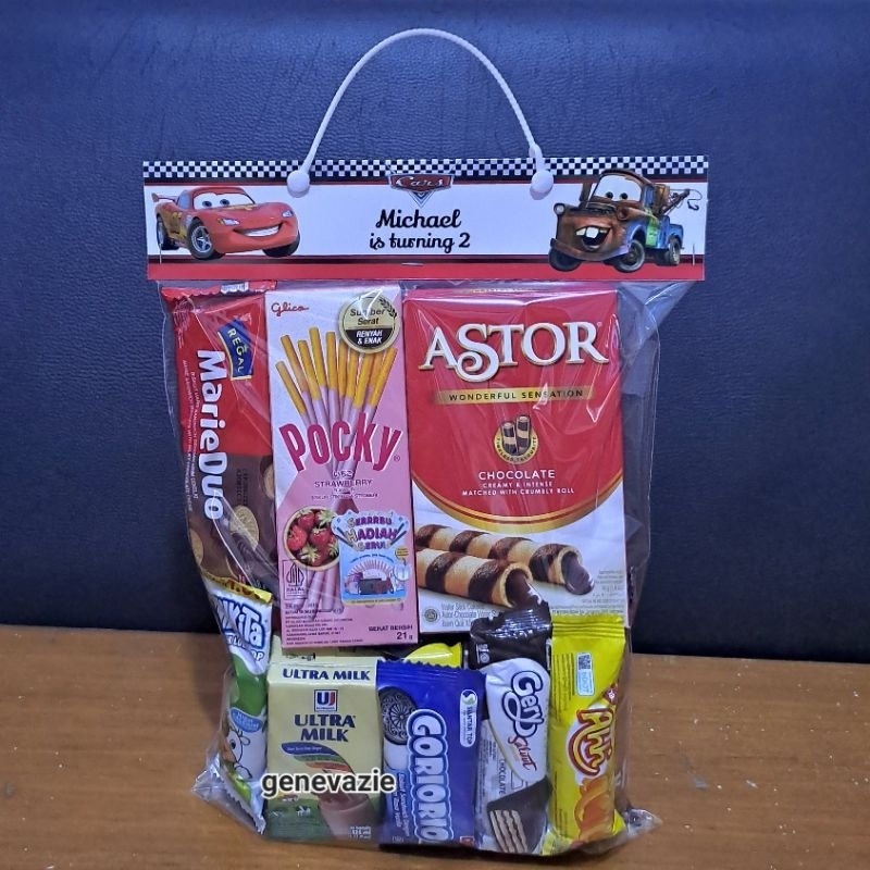 Paket snack ultah anak kemasan label costum/Bingkisan ultah tag jepit custom