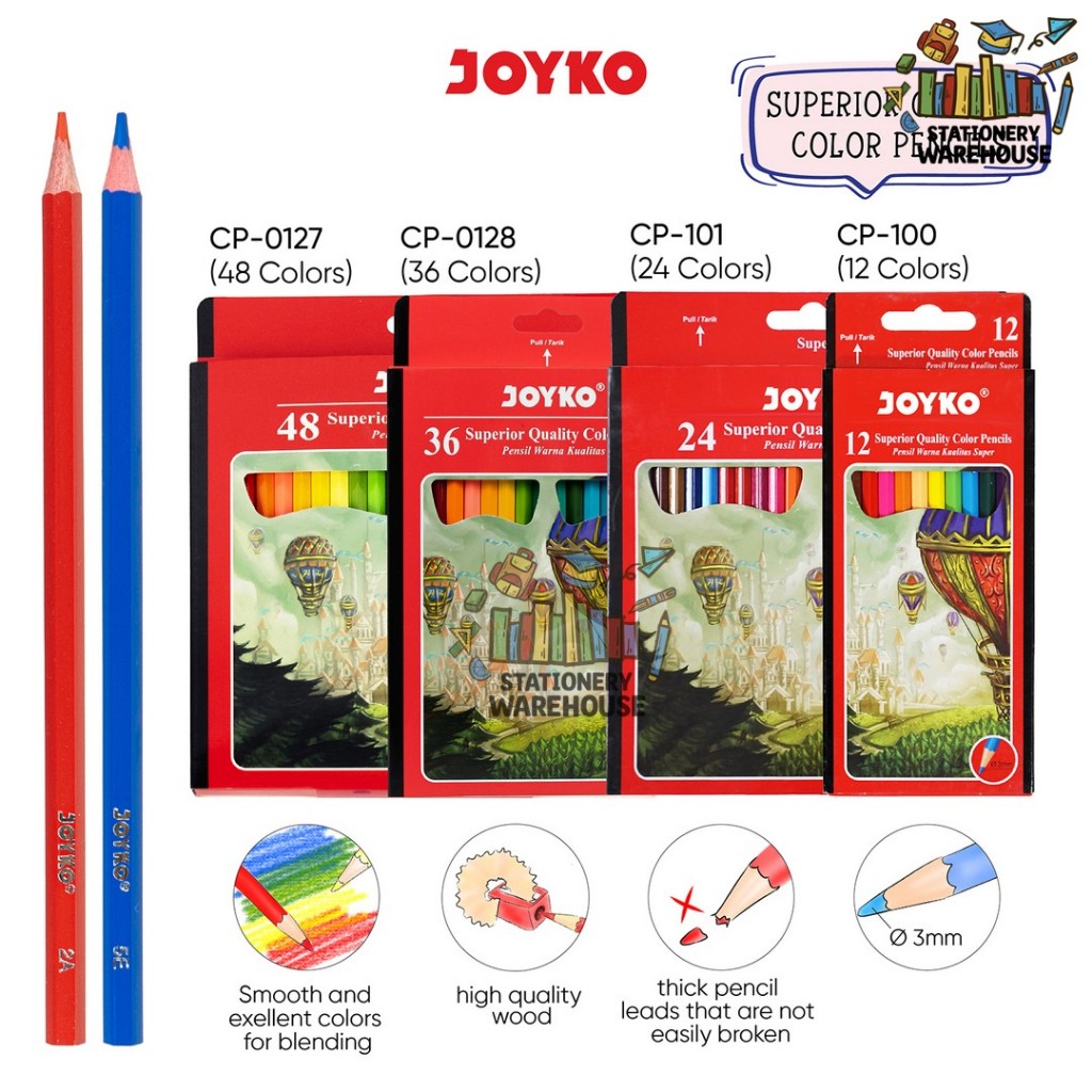 

Joyko Pensil Warna Superior Quality Color Pencils Hexagonal Grip CP-100 CP-101 CP-0127 CP-0128 12 , 24 ,36 , 48 warna