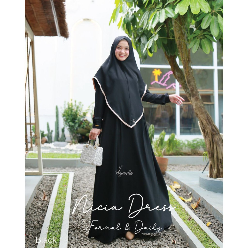 SET GAMIS HITAM PUTIH NICIA DRESS ORIGINAL AYUNHE FASHION BAJU BUSANA MUSLIM WANITA DEWASA BUSUI SET