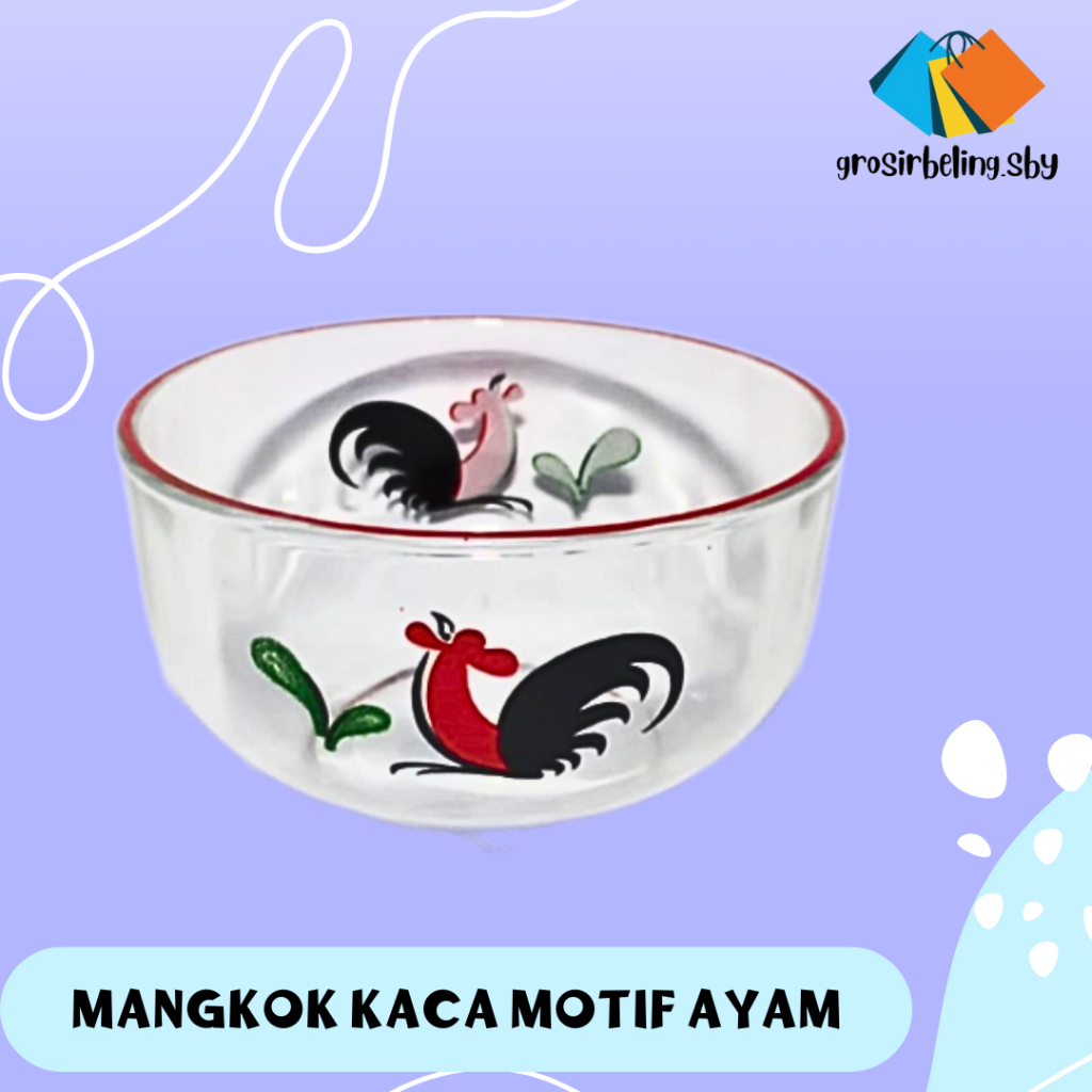 Mangkok Kaca Beling Motif Ayam Kukuruyuk / Mangkuk Souvenir Kecil