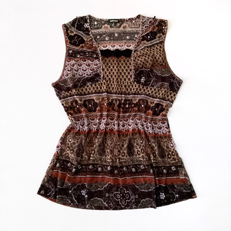 Boho Flower Print Sleeveless Blouse Top Atasan Kaos Blus Coklat Print Bunga Bohemia Tanpa Lengan Tan