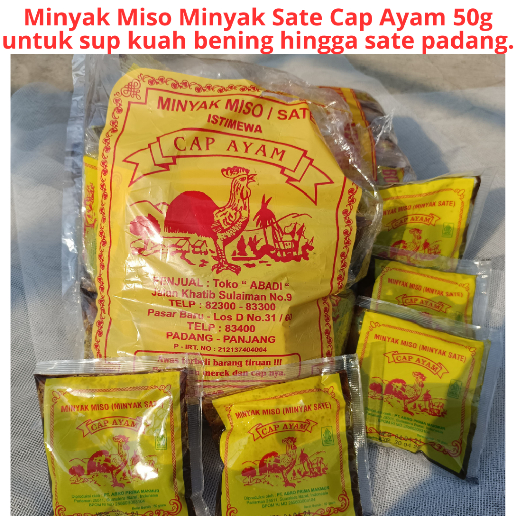 

Minyak Miso Minyak Sate Cap Ayam 50g untuk sup kuah bening hingga sate padang. Banyak digunakan untuk bumbu mie ayam, olesan bakaran, bahkan sambal terasi