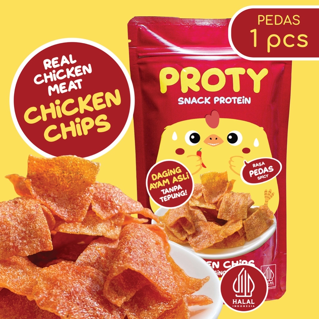 

PROTY - PEDAS Keripik Daging Ayam Krispi Snack Cemilan Anak Sehat Protein Chicken Chips 18gr