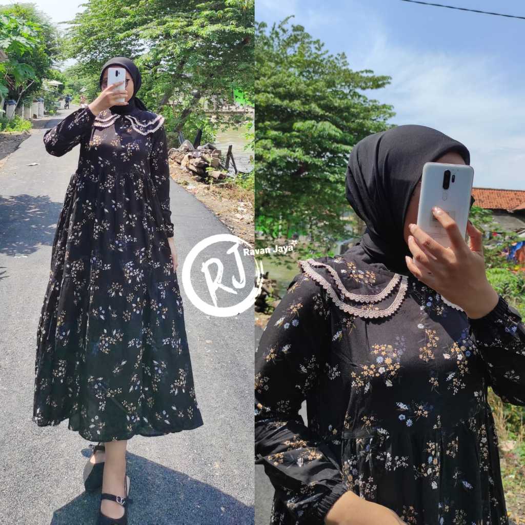 Midi dress rayon twill motif bunga