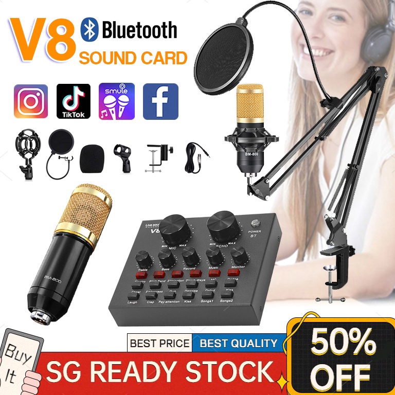 Ready Now SOUNDCARD V8 PLUS LENGKAP MIC V8 SOUND CARD WITH BM8 MICROPHONE LIVE BROADCAST EQUIPMENT F