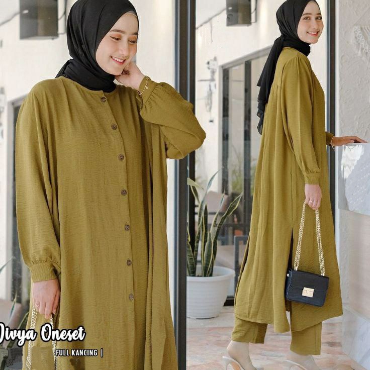 Hot Arrival  Setelan Wanita Bahan Rayon Polos Fashion Muslim Kancing Depan