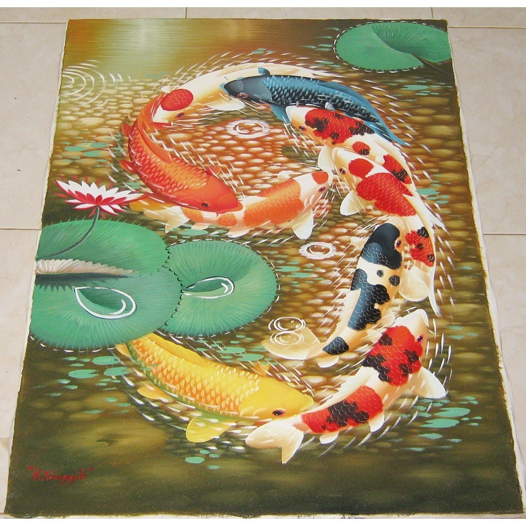 Lukisan Ikan Koi 9 Membentuk Angka 9 dengan Background Emas ( 2 x 1 meter )