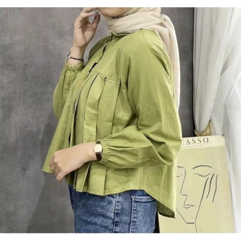 Herra Shirt krop Linen LD 110/Kmeja Wanita/Atasan Wanita/Blouse Wanita Variasi Lipit Depan