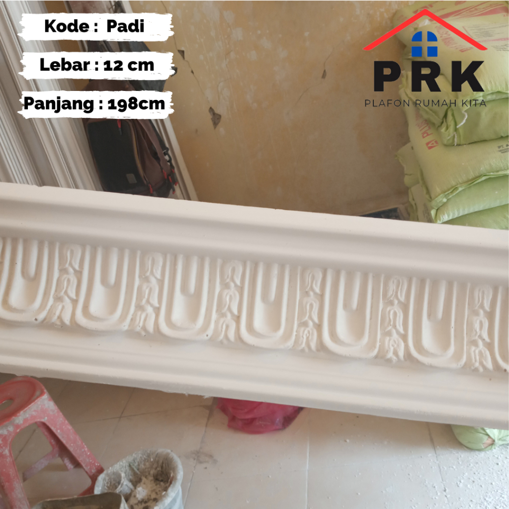 Lis List Gypsum Gipsum Motif Padi lebar 12cm Plafon ornament dekoratif untuk Interior Plafond hiasan