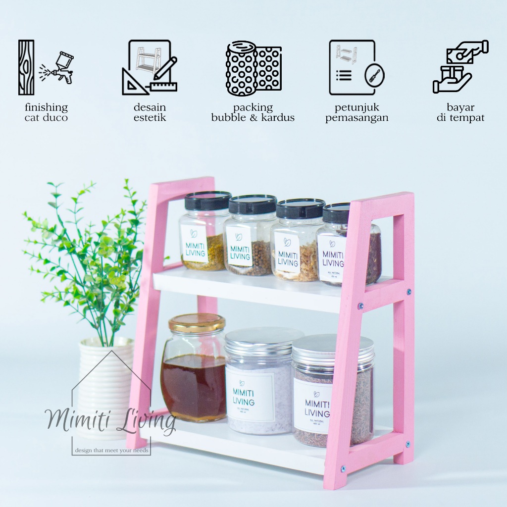 Rak Bumbu Dapur Kayu / Rak Serbaguna Pink / Rak Bumbu Estetik