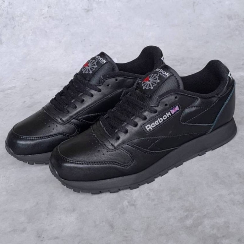 Sepatu Reebok CL Leather All Black Full Hitam KULIT ASLI Sneakers Pria Olahraga Sport