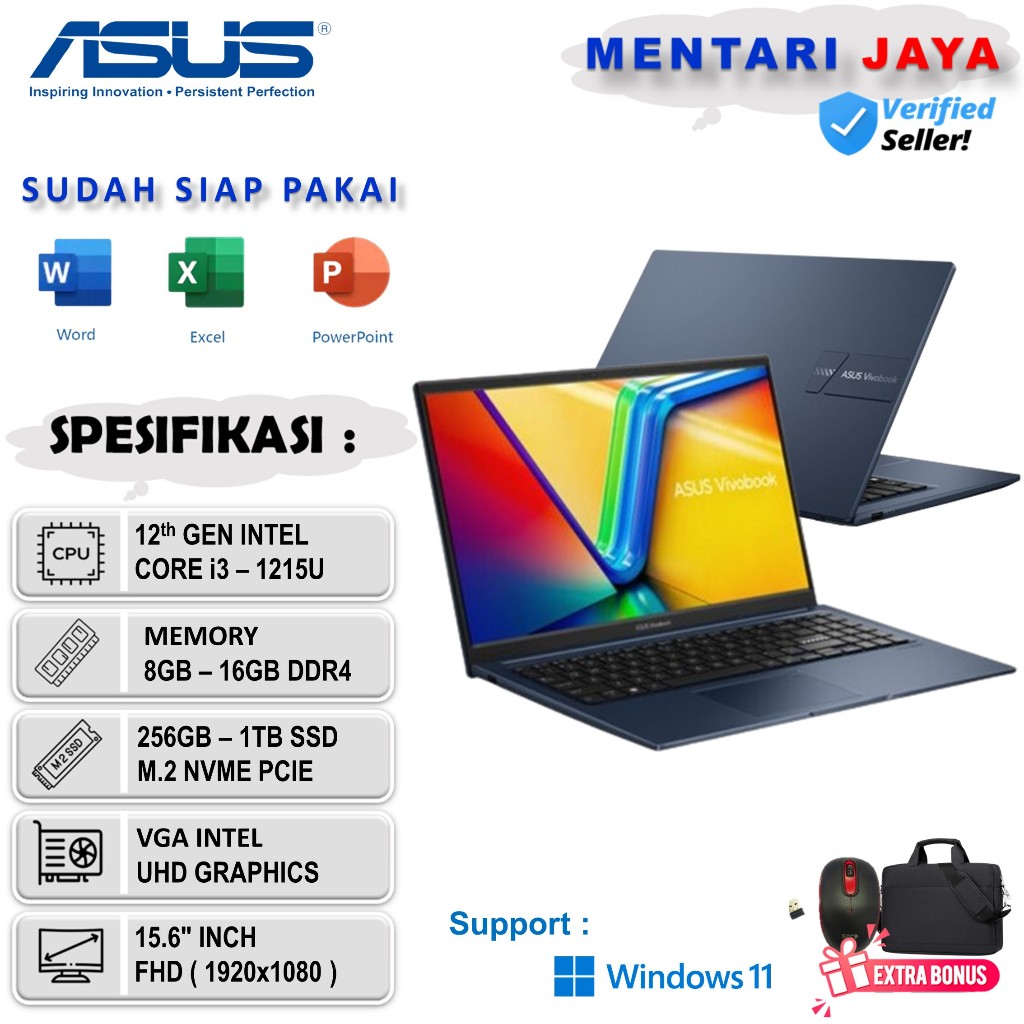 LAPTOP ASUS CORE i3 RAM 8GB SSD 512GB WIN11 15.6"FHD F1504ZA BARU