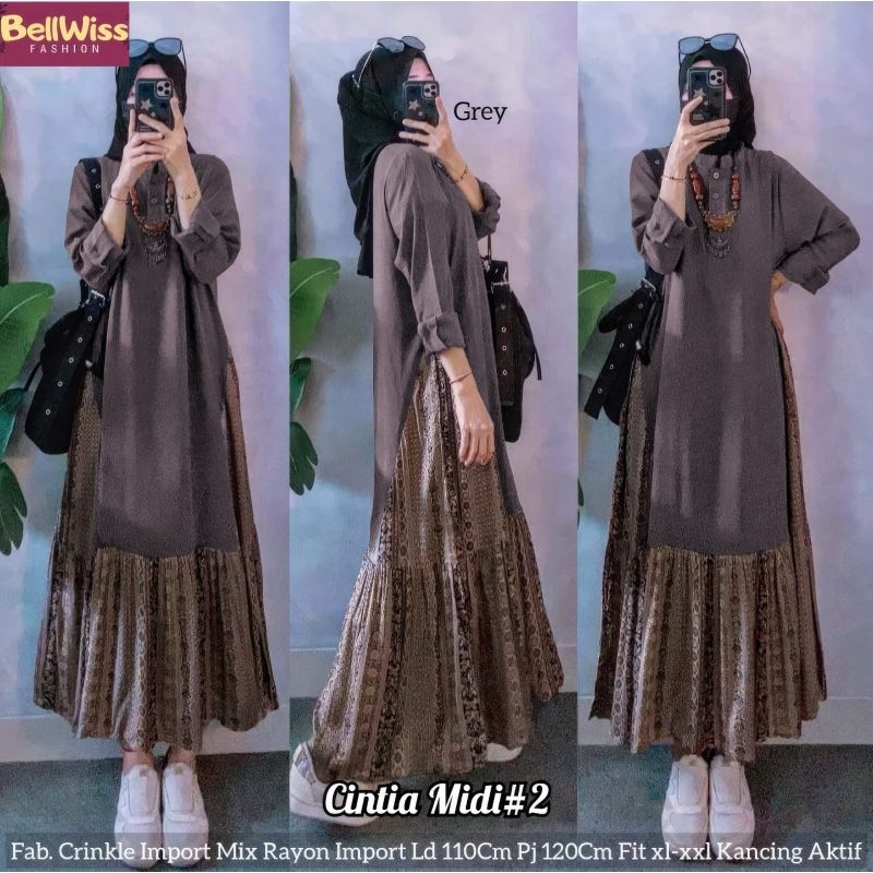 Gamis dress midi wanita CINTIA MIDI#2 bahan crinkle import mix rayon import