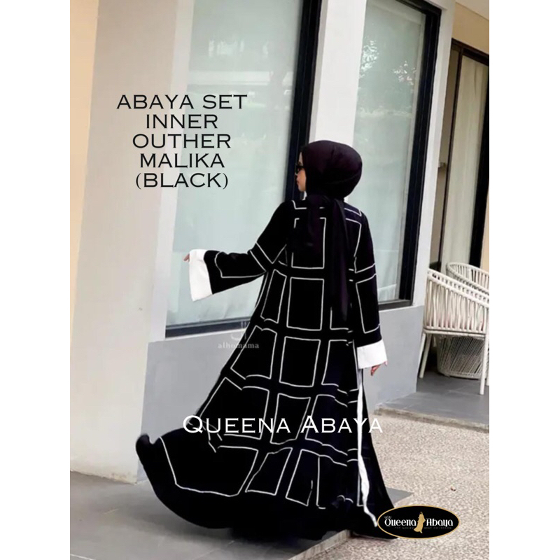 Queena Abaya - Abaya Casual Turkey Gamis Wanita Maxi Dress Inner Outher List Kotak Malika Jetblack E