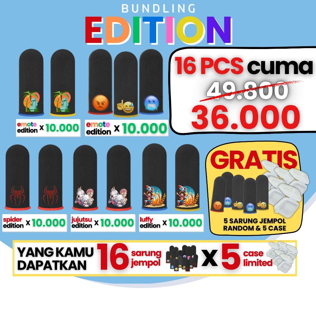 [DAPAT 16 PCS] Paket Hemat Sarung Jempol Anime Custom Bundling untuk Game FF/FREE FIRE, Mobile Legen