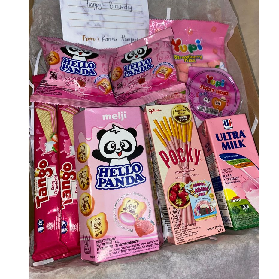 

Snack ulang tahun / Hampers serba pink with box paket Rp.35.000