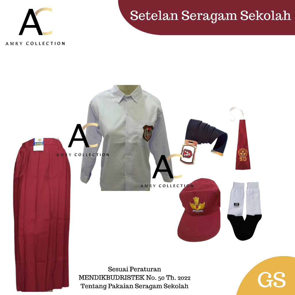 Setelan Seragam Sekolah SD Merah Putih Baju Panjang GS / Rok Rempel Full Panjang Dril