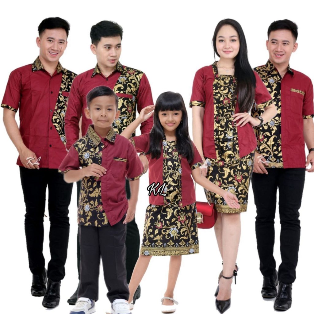 Fairyrozi Batik Modern Sarimbit Keluarga Santika Merah Kombinasi Blouse Wanita & Kemeja Pria Bahan P