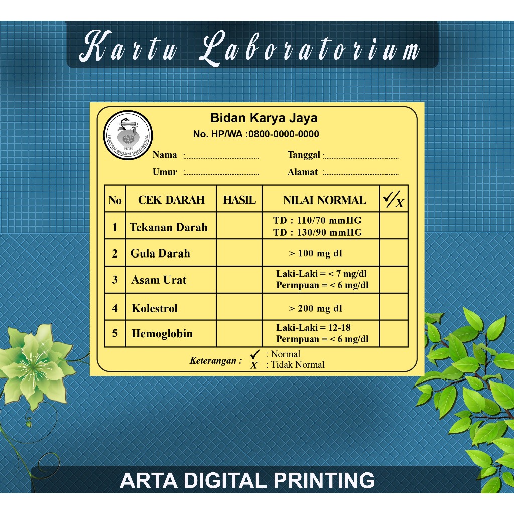 

Kartu Laborat - Kartu Pemeriksaan Laborat (kadar gula, tensi, asam urat, colestrol, HB,& trigliserida) Isi 100