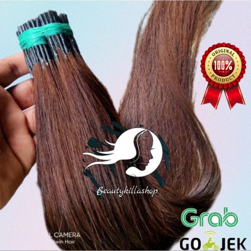Rambut sambungan warna coklat 20(Helai)panjang rambut 60-65cm,Rambut 100% dijamin asli