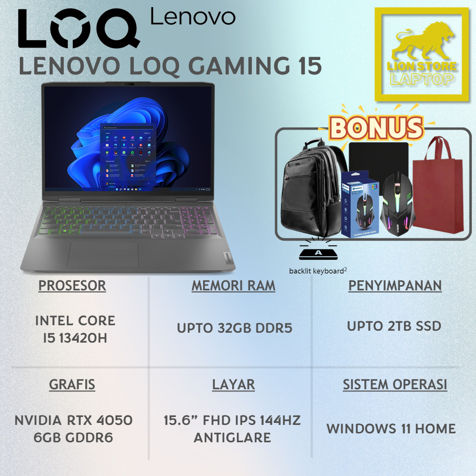 Laptop Lenovo LOQ 15 RTX 4050 Intel Core i5 13420H RAM 32GB 1TB RTX 4050 Layar 15.6 Inch 144Hz