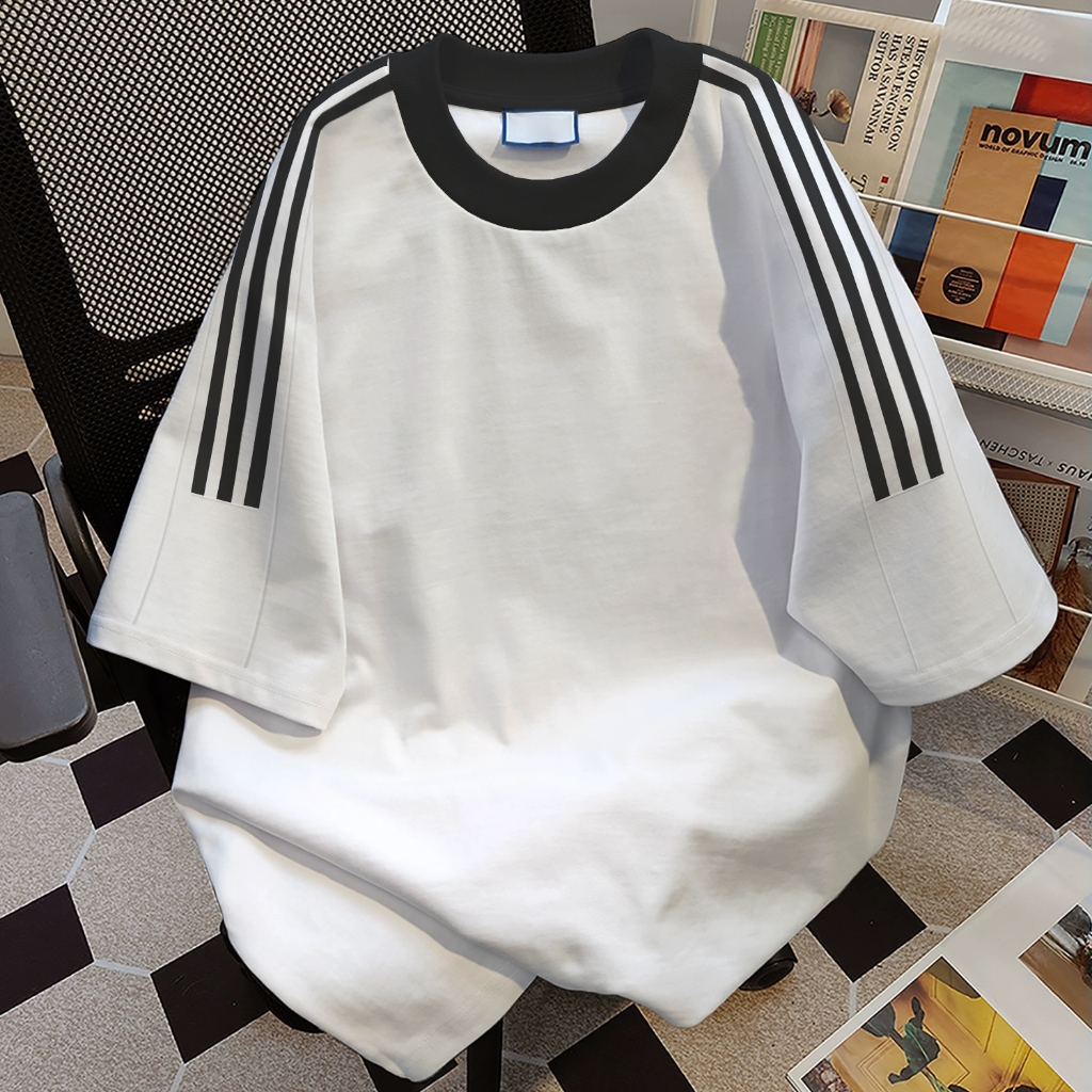 Kaos lengan pendek pria putih tiga garis musim panas warna solid baru kaos polos pria oversize pria 