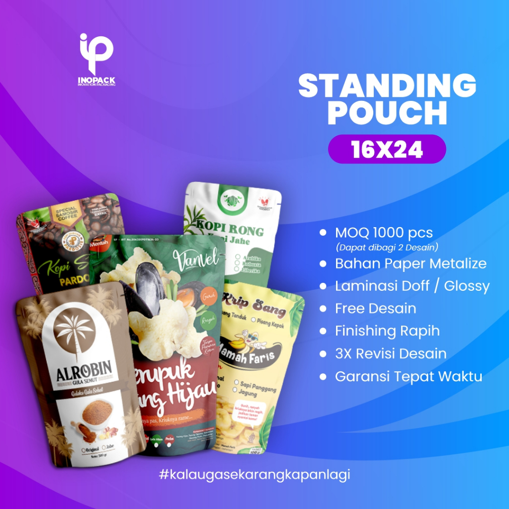 Kemasan Standing Pouch Custom Full Printing Ukuran 16x24