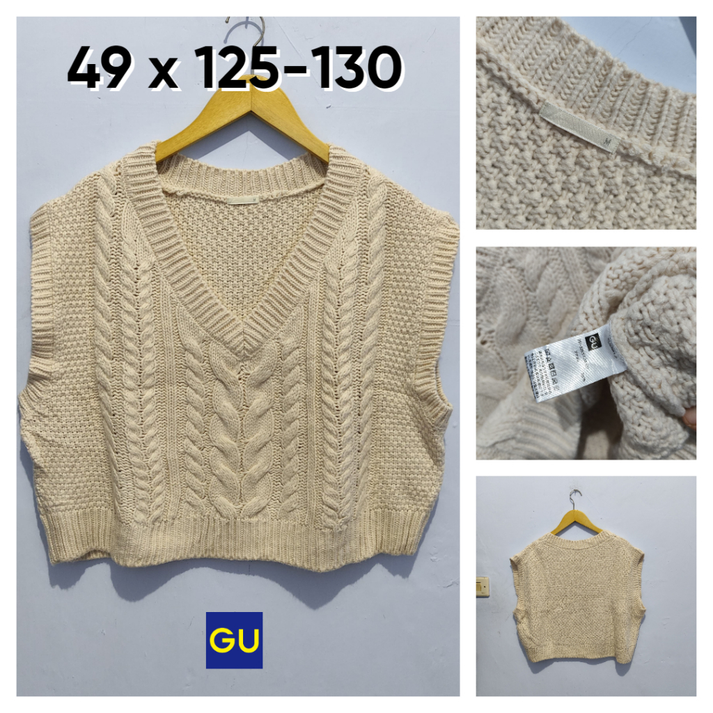Vest Kepang GU By Uniqlo Ivory V Neck Size M fit L Wanita Rompi Knit Cable Outer BC113