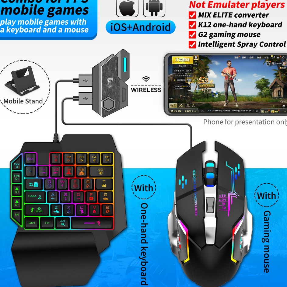 keyboard gaming dan Mouse OTG Bluetooth Single Hand Gaming RGB Keyboard dan mouse Converter BT