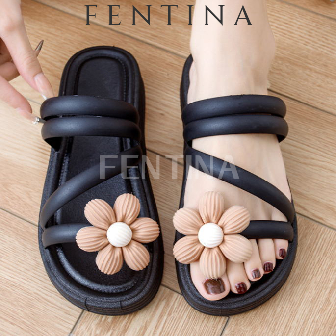 FENTINA Sandal Wanita Elegan Korea Sendal Slop Tali Silang Slip On Sandal Jelly Kasual Tebal Wanita
