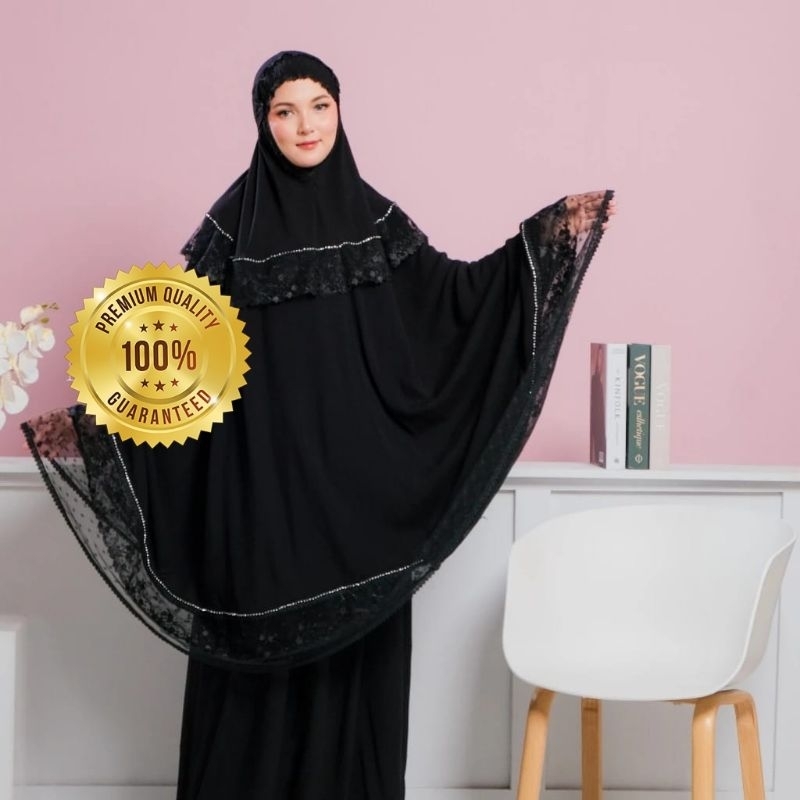 MUKENA SUTRA POLOS HITAM RENDA TILE SENADA SWAROVSKY TERBARU MEDAN