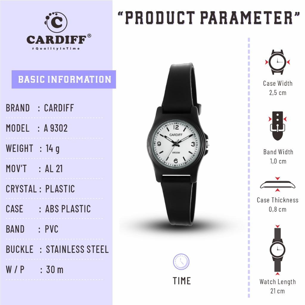 CARDIFF Jam Tangan Analog Karet 9302 (Tanggal & Tanpa Tanggal) | Tahan Air | 3ATM
