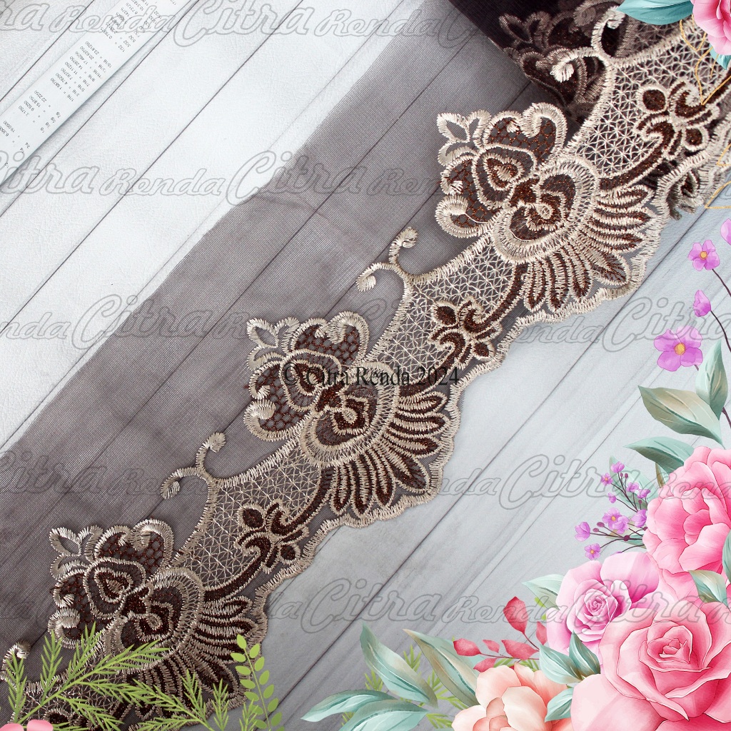 (Per Meter) RDT349 Renda Bordir Tile Kombinasi Cokelat-Cokelat Muda Cantik Lebar 20Cm