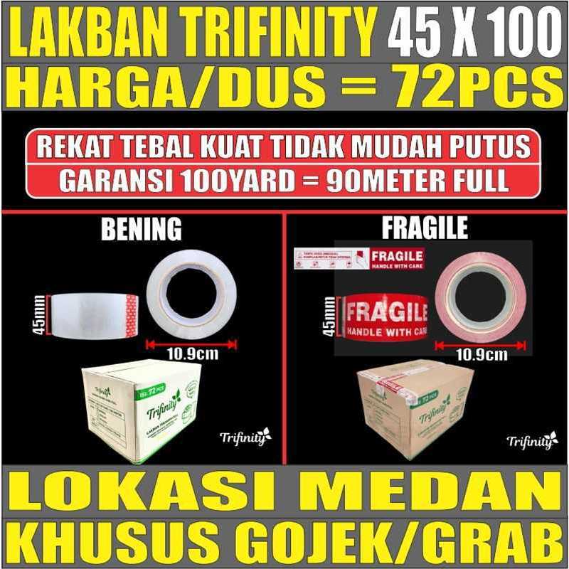

Lakban Bening Garansi Full Rekat Kuat / Lakban Fragile Trifinity 45mm x 100yard Per Dus Gjk Medan