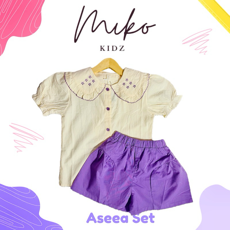 Miko Kidz | Aseea Set Kemeja Anak Perempuan Kream Ungu Korea Style Ukuran 13 Untuk Umur 6 Tahun