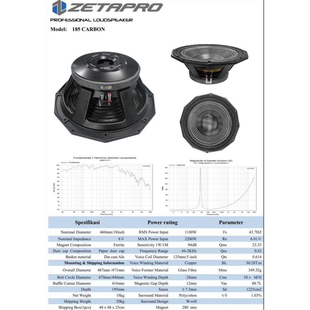 LOUDSPEAKER BAGUS ORI ZETAPRO 185 CARBON 18 INCH SPEAKER 18" VC 5"
